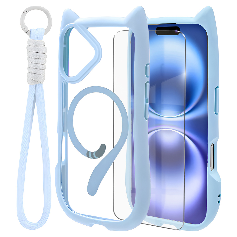 Iphone 16 Hülle, Magsafe, Süße Katze, Blau + Displayschutzfolie