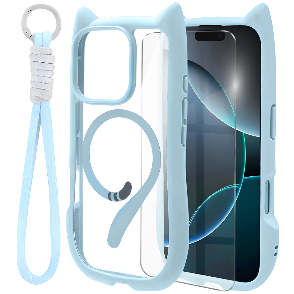 Iphone 16 Pro Hülle, Magsafe, Süße Katze, Blau + Displayschutzfolie