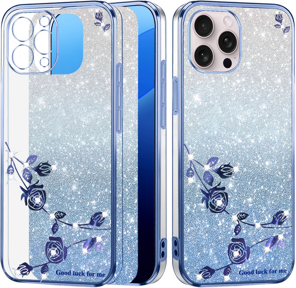 Iphone 16 Pro Max Hülle, Glitzerblume, Blau