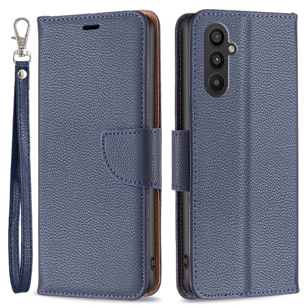 Klapphülle Für Samsung Galaxy A25 5g, Brieftaschenmodell Aus Litschi-leder, Marineblau + 9h-glas