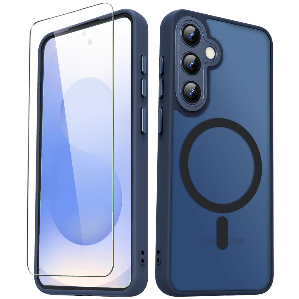 Samsung Galaxy S25 Hülle, Für Magsafe, Matt, Marineblau + Glas-displayschutzfolie