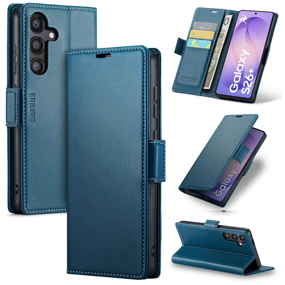 Samsung Galaxy S26 Plus Hülle, Glänzendes Litschi, Klapphülle, Blau
