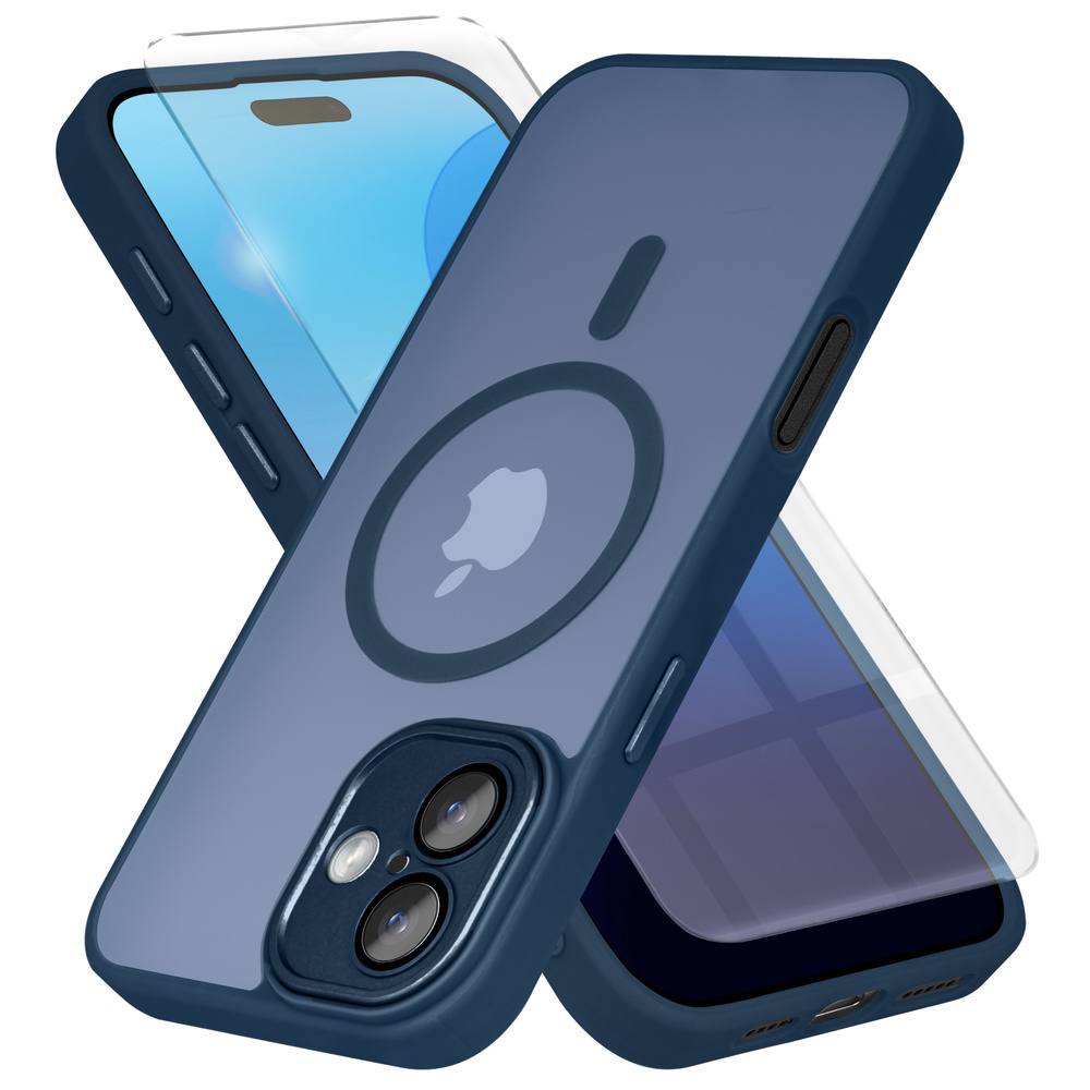 Hülle Für Iphone 16 Plus, Mit Magsafe, Matt, Marineblau + Displayschutzfolie Aus Glas