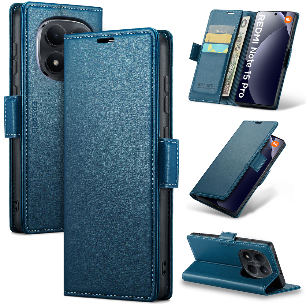 Xiaomi Redmi Note 15 Pro 4g Hülle, Glänzende Litschi-klapphülle, Blau