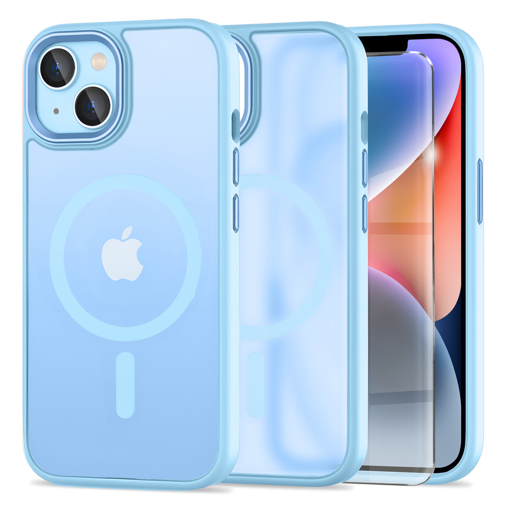 Iphone 14 Hülle, Magsafe, Mattblaue Farbe + Displayschutzfolie