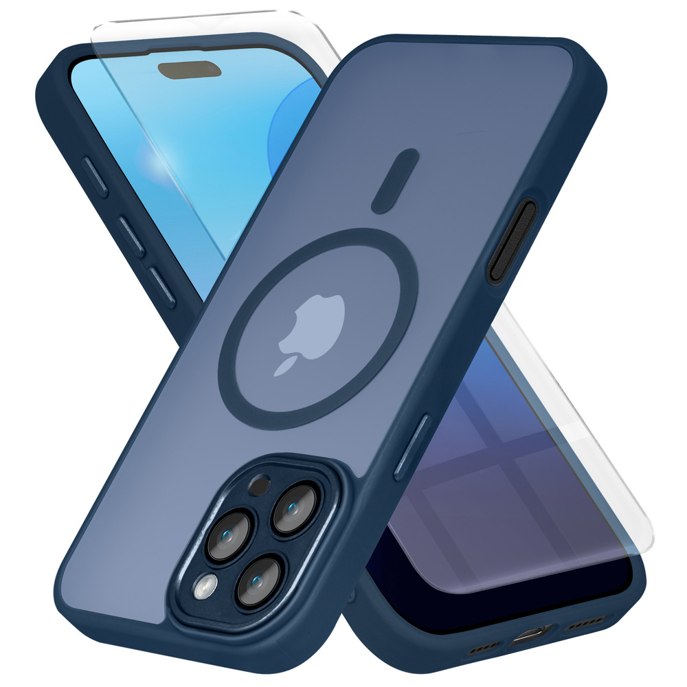 Hülle Für Iphone 16 Pro Max, Mit Magsafe, Matt, Marineblau + Displayschutzfolie Aus Glas