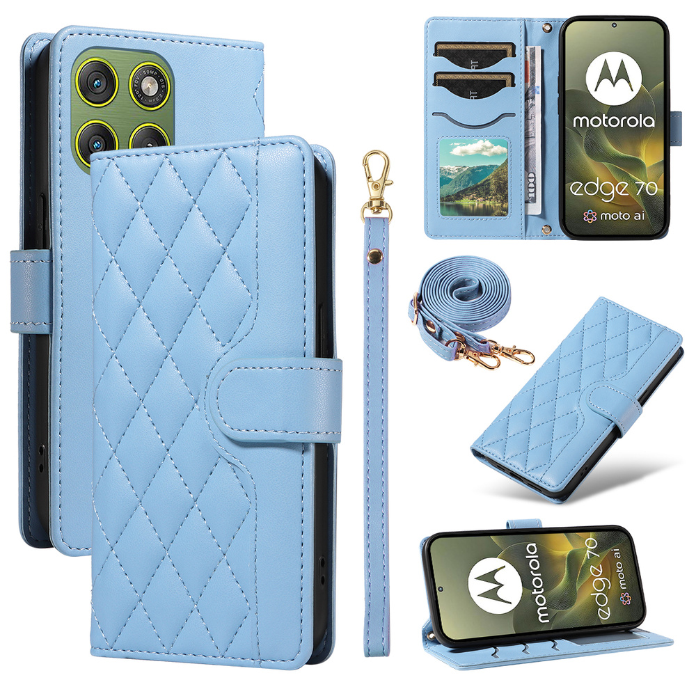 Motorola Edge 70 Flip Case, Rhombus Crossbody Leder, Blau