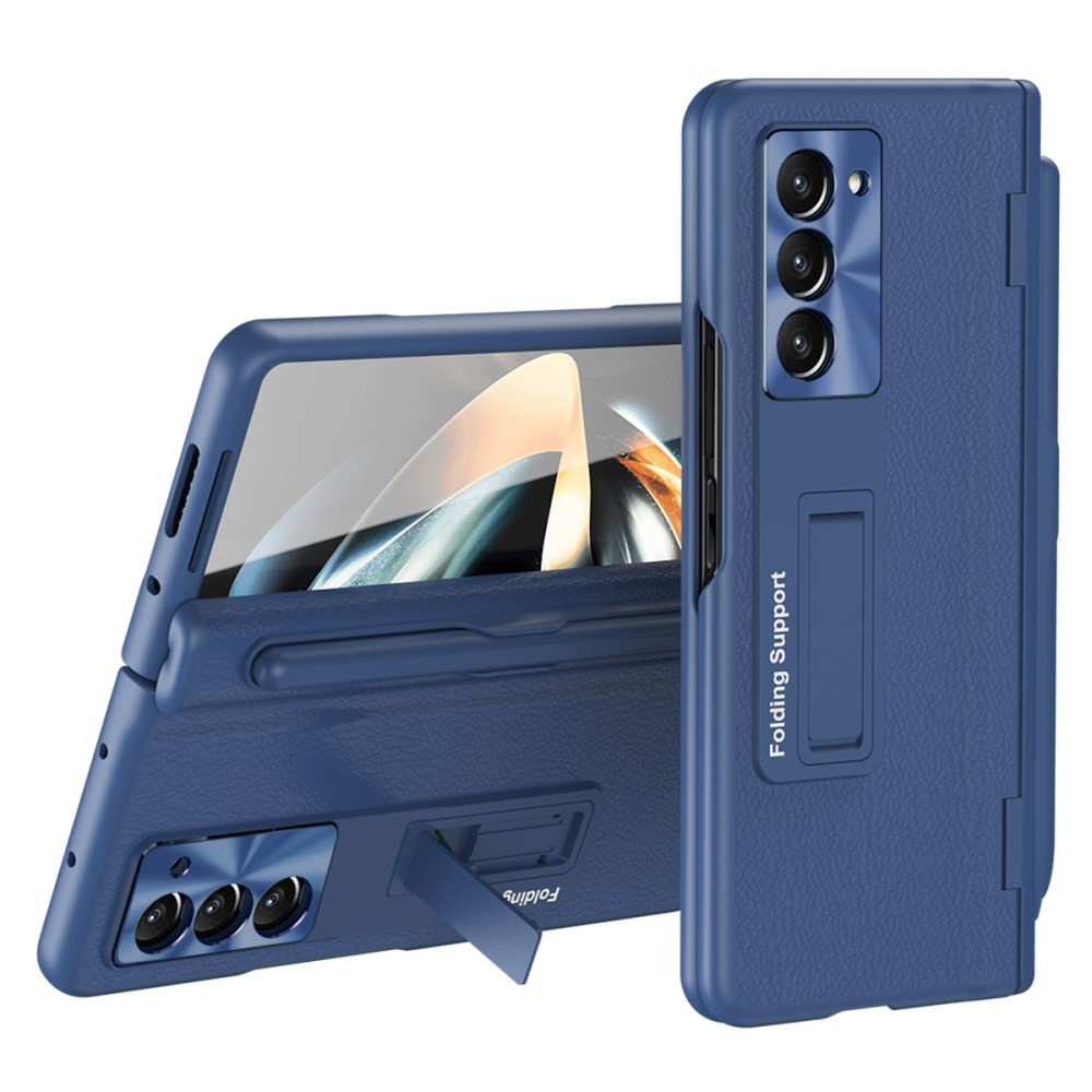 Lederhülle Für Samsung Galaxy Z Fold5 5g, Schutzhülle Mit Ständer Und Schutzglas, Blau