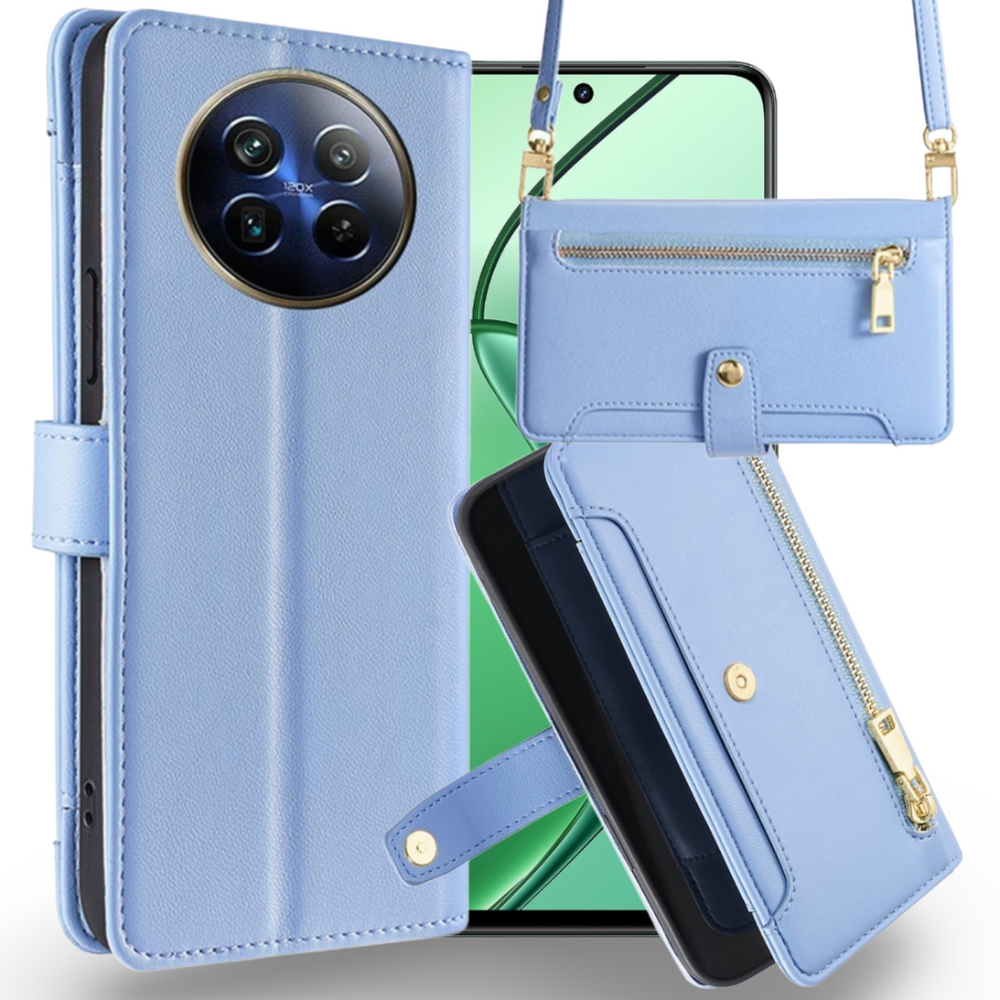 Realme 12 Flip Case, Brieftasche Mit Reißverschlussfach, Blau