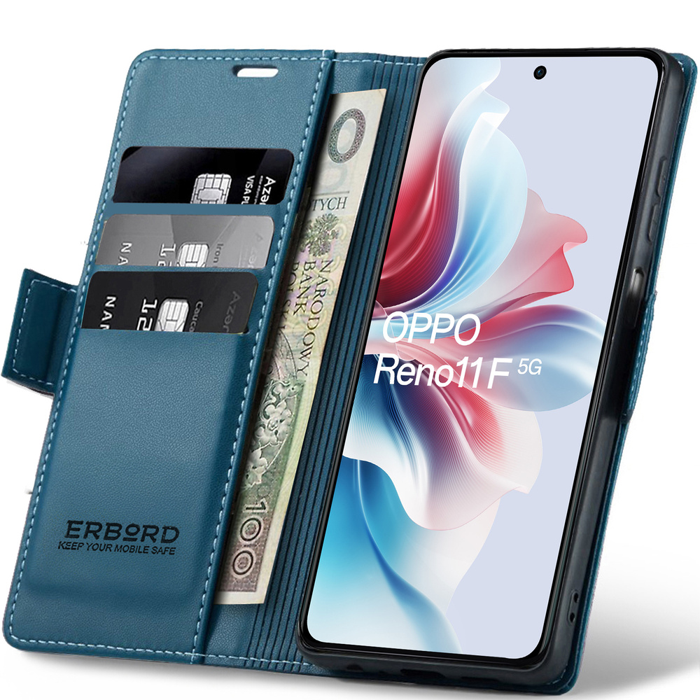 Oppo Reno 11f Hülle, Glänzendes Litschi, Klapphülle Mit Brieftaschenfunktion, Blau
