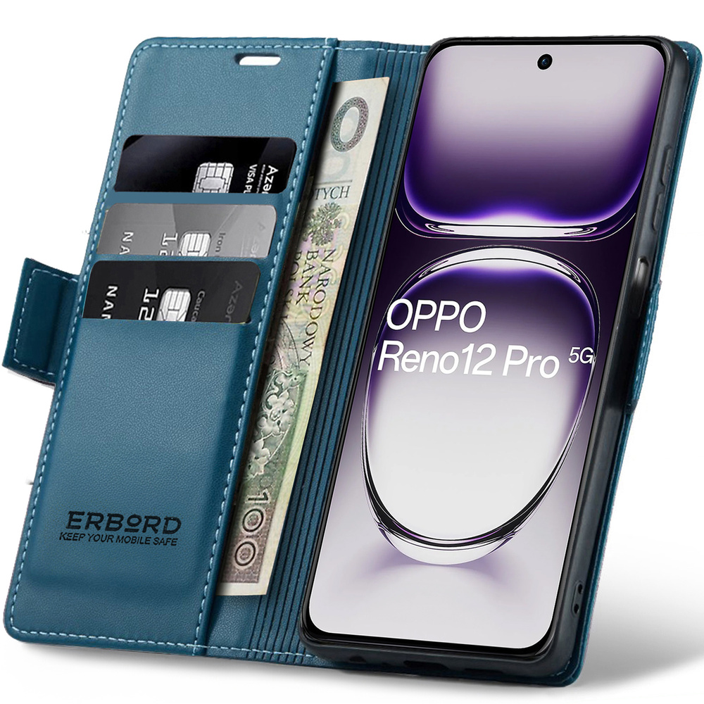 Oppo Reno 12 Pro Hülle, Glänzendes Litschi, Klapphülle Mit Brieftaschenfunktion, Blau