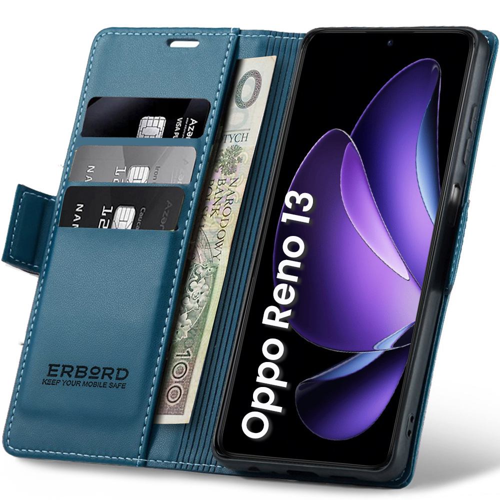 Oppo Reno 13 Hülle, Glänzendes Litschi, Klapphülle Mit Brieftaschenfunktion, Blau