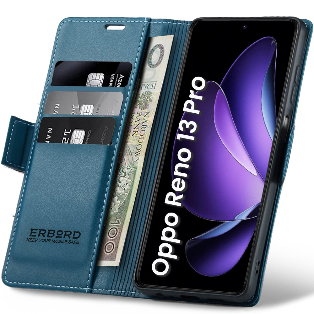 Oppo Reno 13 Pro Hülle, Glänzendes Litschi, Klapphülle Mit Brieftaschenfunktion, Blau