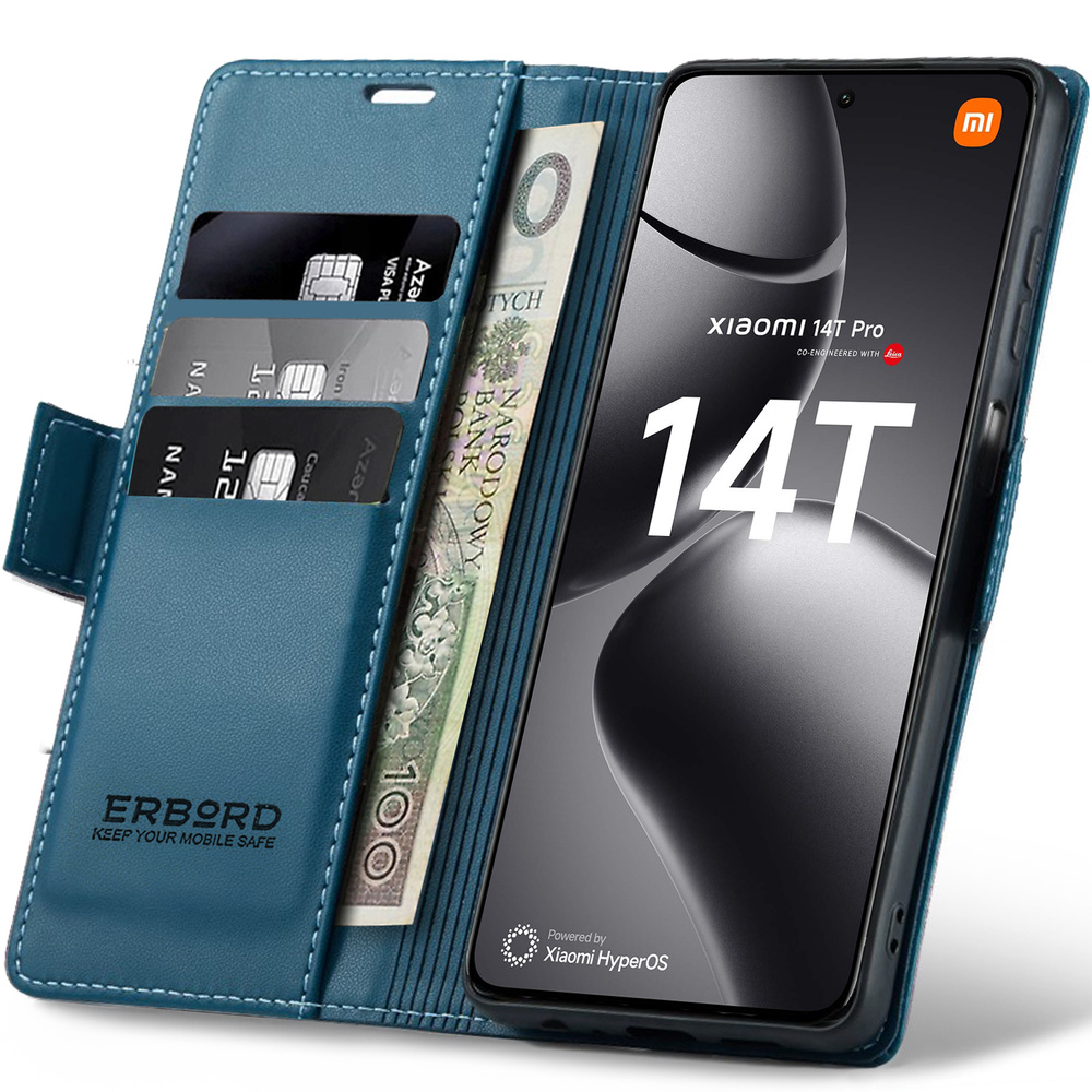 Xiaomi 14t Pro Hülle, Glänzendes Litschi, Klapphülle Mit Brieftaschenfunktion, Blau