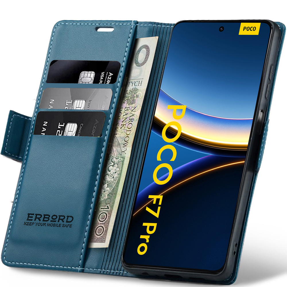 Xiaomi Poco F7 Pro Hülle, Glänzende Litschi-klapphülle, Blau