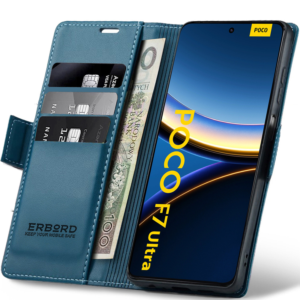 Xiaomi Poco F7 Ultra Hülle, Glänzendes Litschi, Brieftaschen-klapphülle, Blau