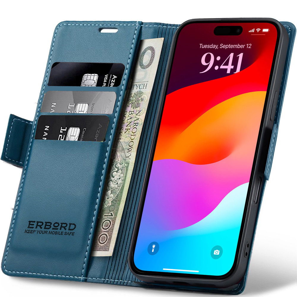 Iphone 17 Pro Max Hülle, Glänzendes Litschi, Klapphülle, Blau
