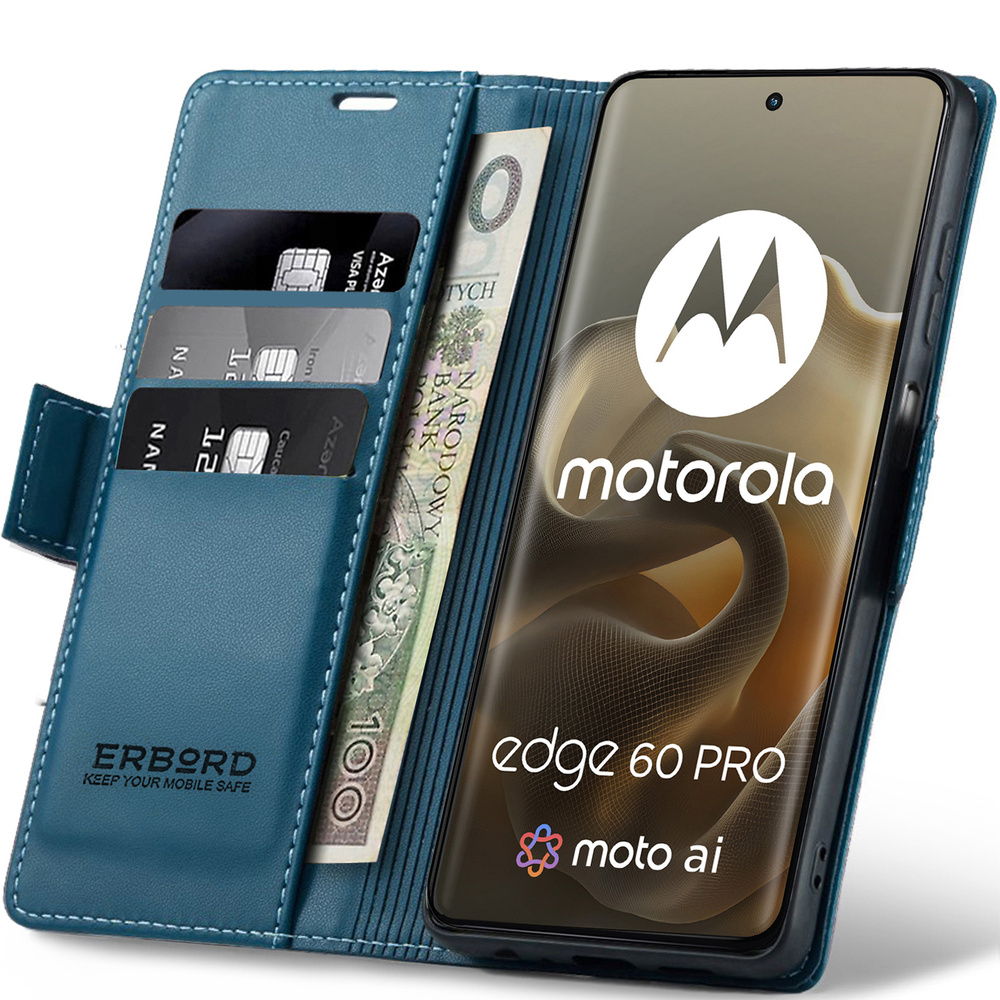 Motorola Edge 60 Pro Hülle, Glänzendes Litschi, Klapphülle Mit Brieftaschenfunktion, Blau