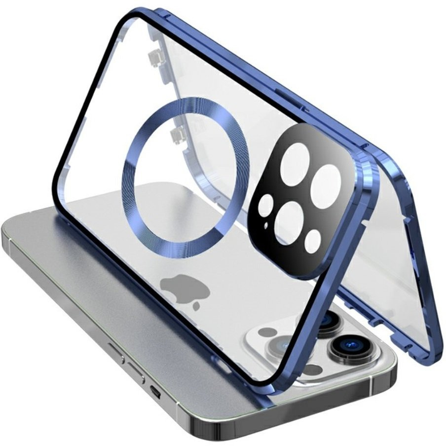 Magnetische Magsafe-hülle Mit Zwei Glasscheiben Für Iphone 15 Pro Max, Blau
