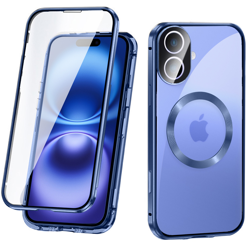 Magnetische Magsafe-hülle Mit Doppeltem Glas Für Iphone 16, Blau