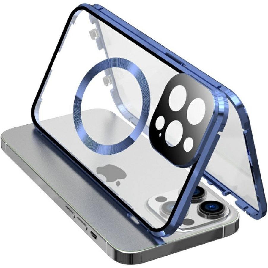 Magnetische Magsafe-hülle Mit Doppeltem Glas Für Iphone 15 Pro, Blau