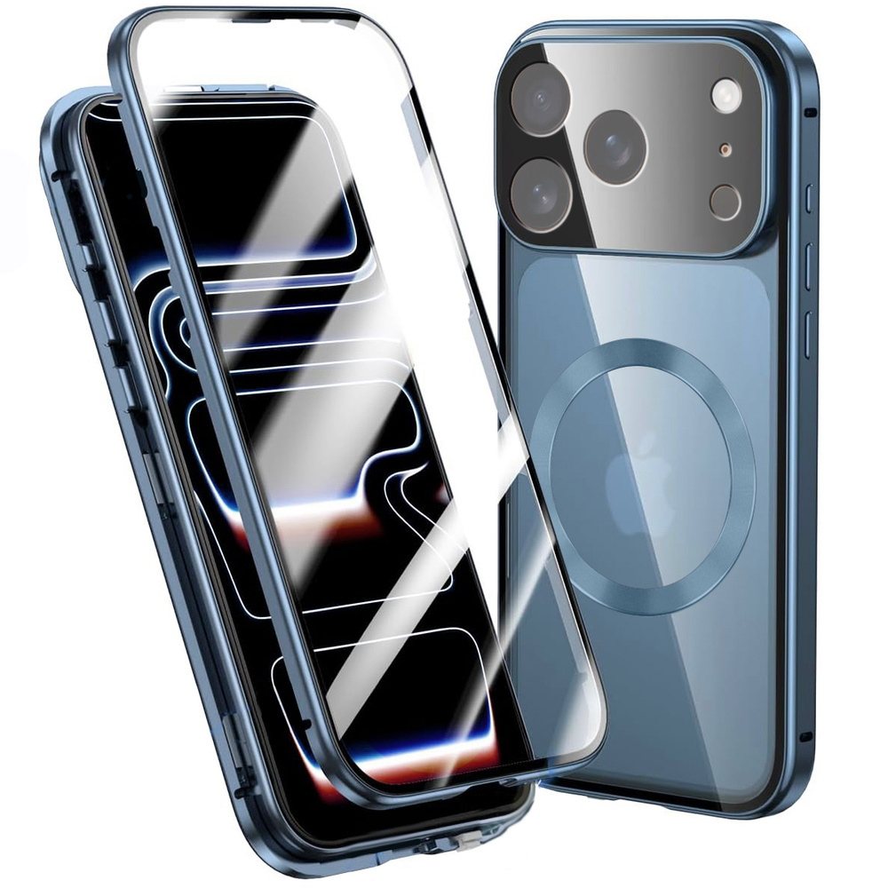 Iphone 17 Pro Max Hülle, Magnetisches Doppelglas, Für Magsafe, Blau