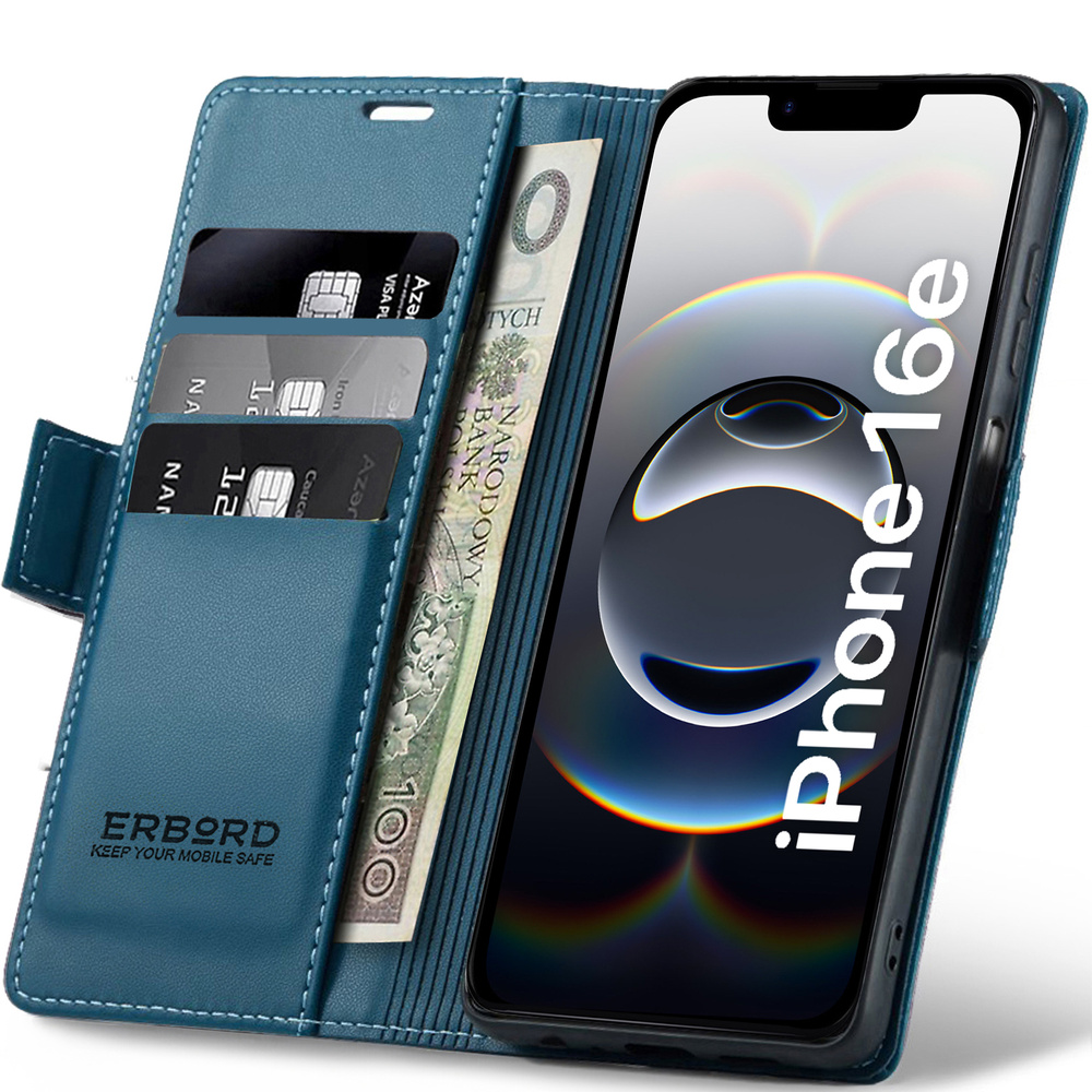 Iphone 17e / 16e Hülle, Glänzende Litschi-wallet-hülle Mit Klappe, Blau