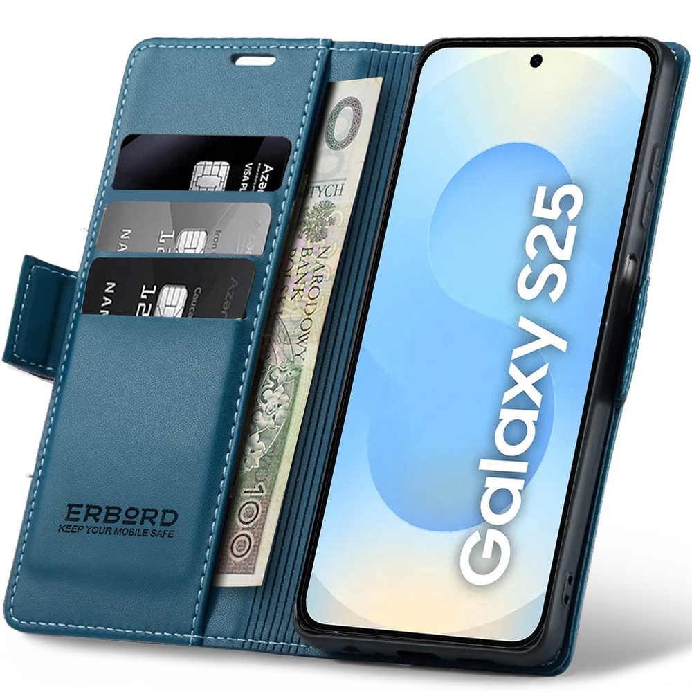 Samsung Galaxy S25 Hülle, Glänzendes Litschi, Klapphülle, Blau