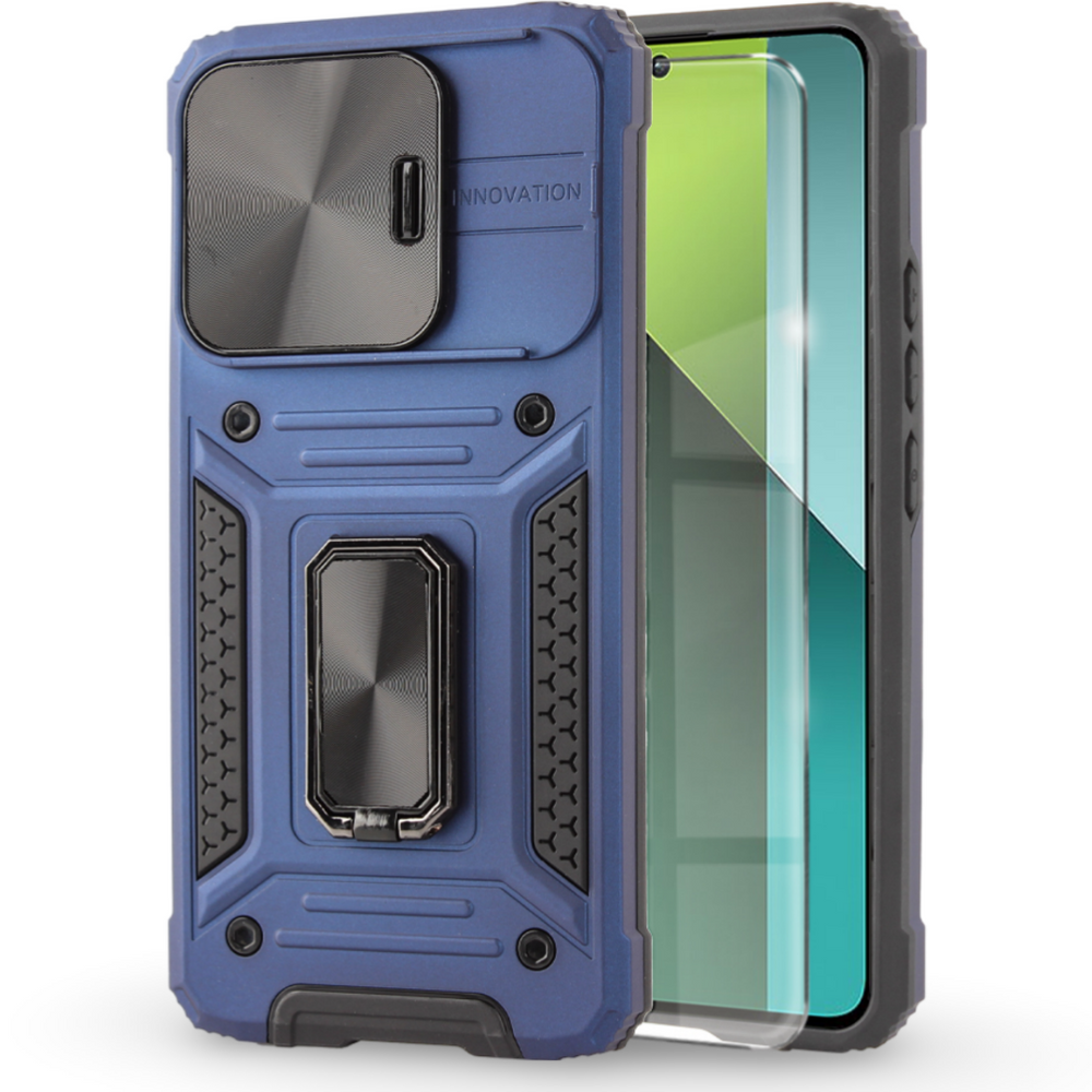 Gepanzertes Gehäuse Für Xiaomi Redmi Note 13 Pro 5g, Camshield Slide, Blau + 9h Gehärtetes Glas