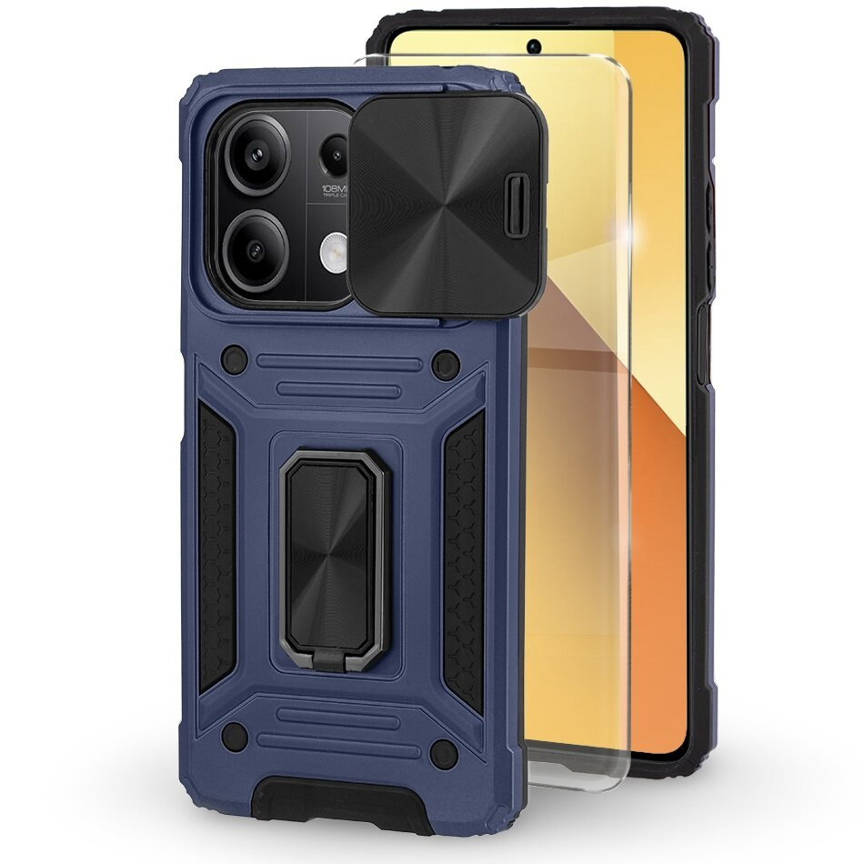 Gepanzertes Gehäuse Für Xiaomi Redmi Note 13 5g, Camshield Slide, Blau + 9h Gehärtetes Glas