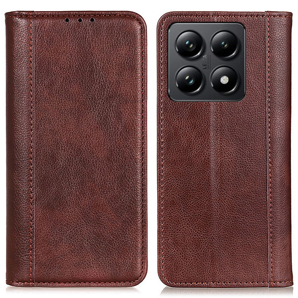 Hülle Für Xiaomi 14t, Brieftaschenmodell Aus Litschi-leder, Braun
