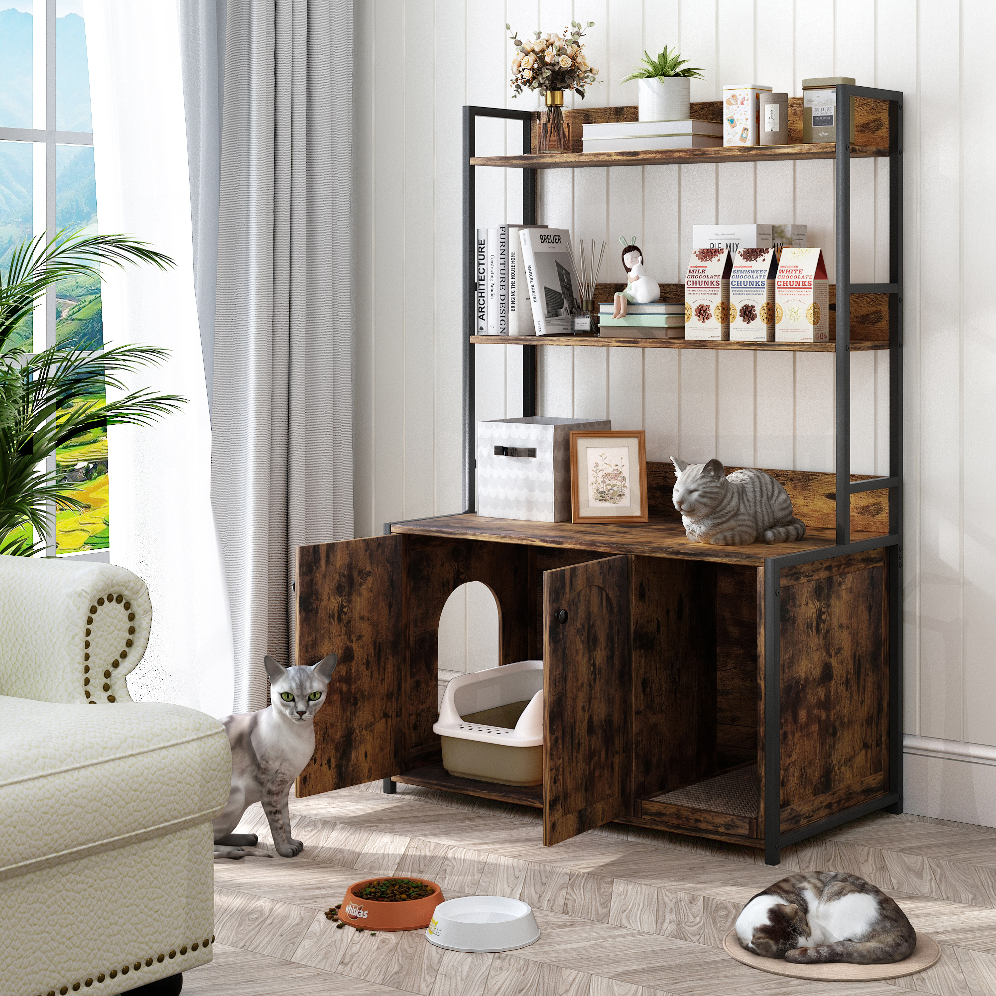 Katzentoiletten-schrank Mit Regal, Verstecktes Katzen-wc-möbel Mit Kratzfläche, 2 Türen, 89,5x45x132 Cm, Braun