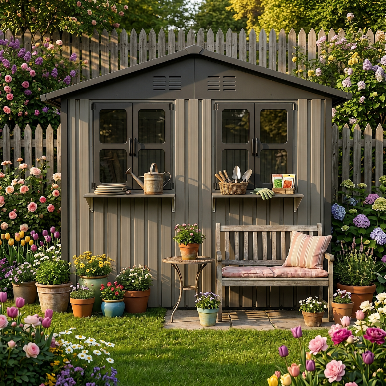 Verzinktes Stahl-gartenhaus 254,2x170,2cm (4,33 M²), Braun, Mit Zwei Öffenbaren Doppelfenstern, Abschließbaren