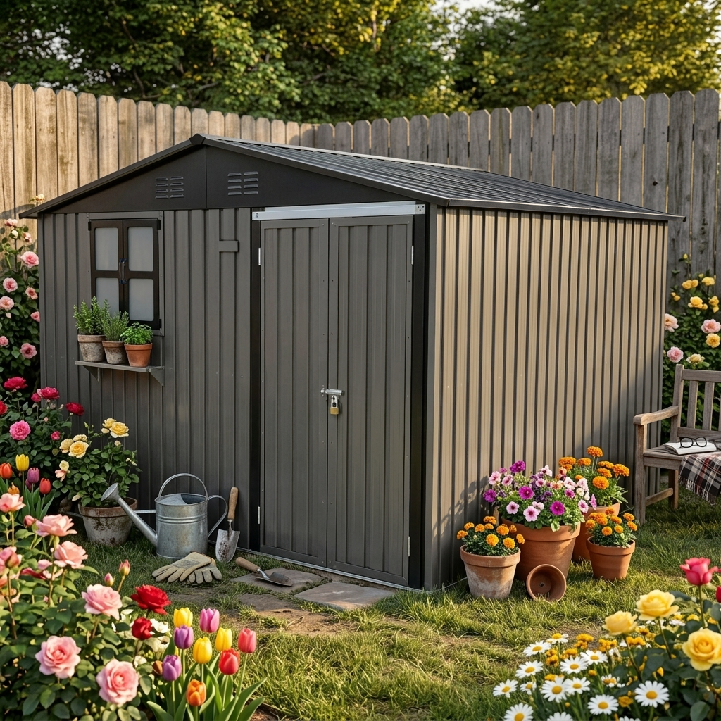 Brauner Verzinkter Stahl-außengeräteschuppen, Maße 295 × 243,6 Cm (7,19 M²), Mit Öffnbaren Fenstern, Abschließbarer Tür Und Blumenregal, Wasserdicht, Geeignet Für Garten, Terrasse Und Hinterhof