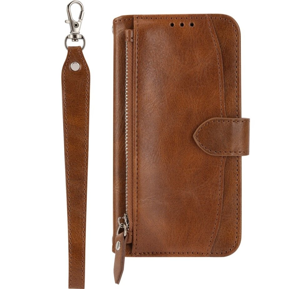 Samsung Galaxy A25 5g Klapphülle, Brieftaschenfach Mit Reißverschluss, Mit Schultergurt, Braun
