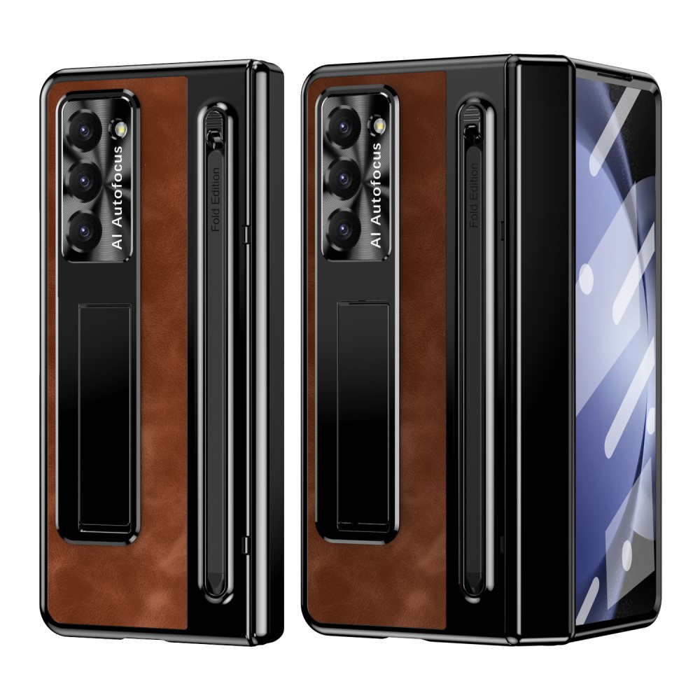 Lederhülle Für Samsung Galaxy Z Fold6 5g, Mit Ständer, Schutzglas Und Stift, Braun