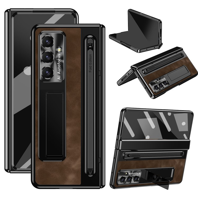 Lederhülle Für Samsung Galaxy Z Fold7 5g, Mit Ständer, Schutzglas Und Stift, Braun