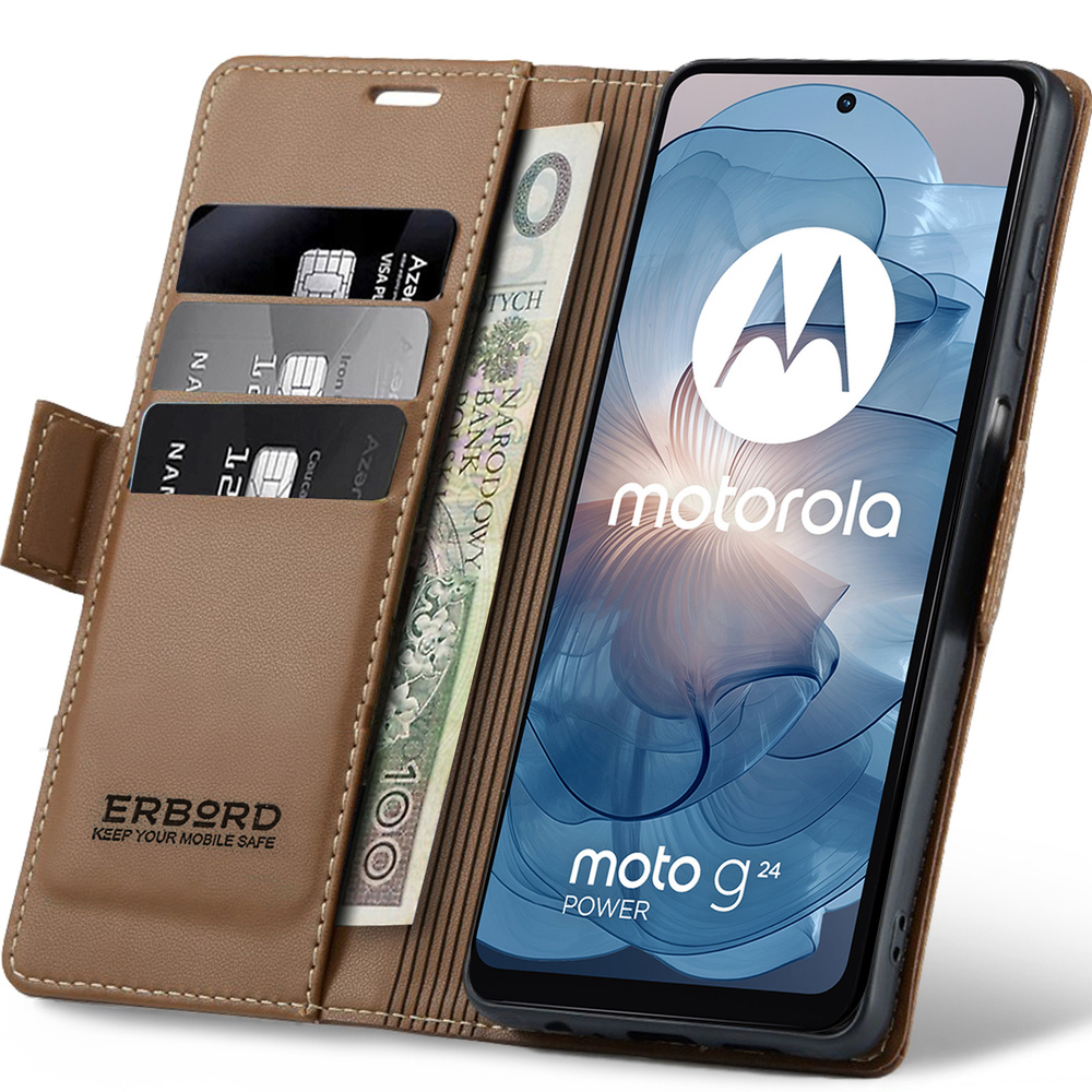 Schutzhülle Für Motorola Moto G24 / G24 Power / G04, Erbord Glossy Litchi, Brieftaschenmodell Mit Klappe, Braun