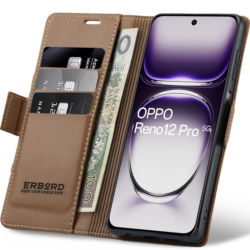 Oppo Reno 12 Pro Hülle, Glänzendes Litschi, Klapphülle Mit Brieftaschenfunktion, Braun