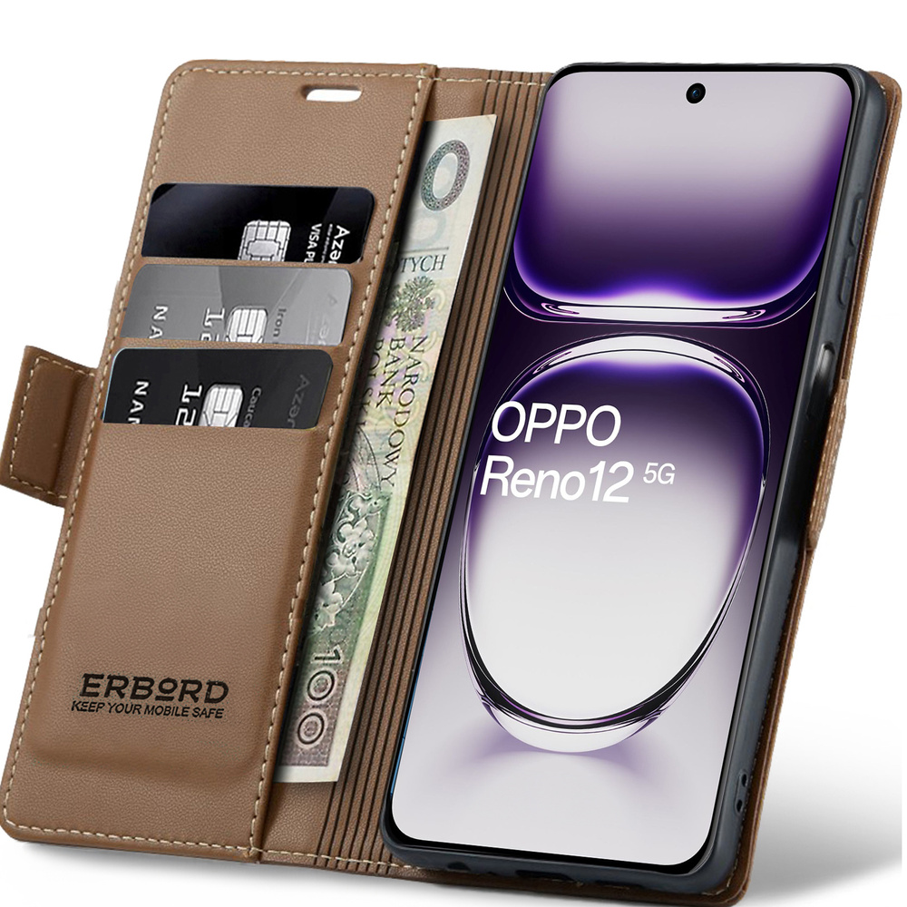 Oppo Reno 12 Hülle, Glänzendes Litschi, Klapphülle Mit Brieftaschenfunktion, Braun