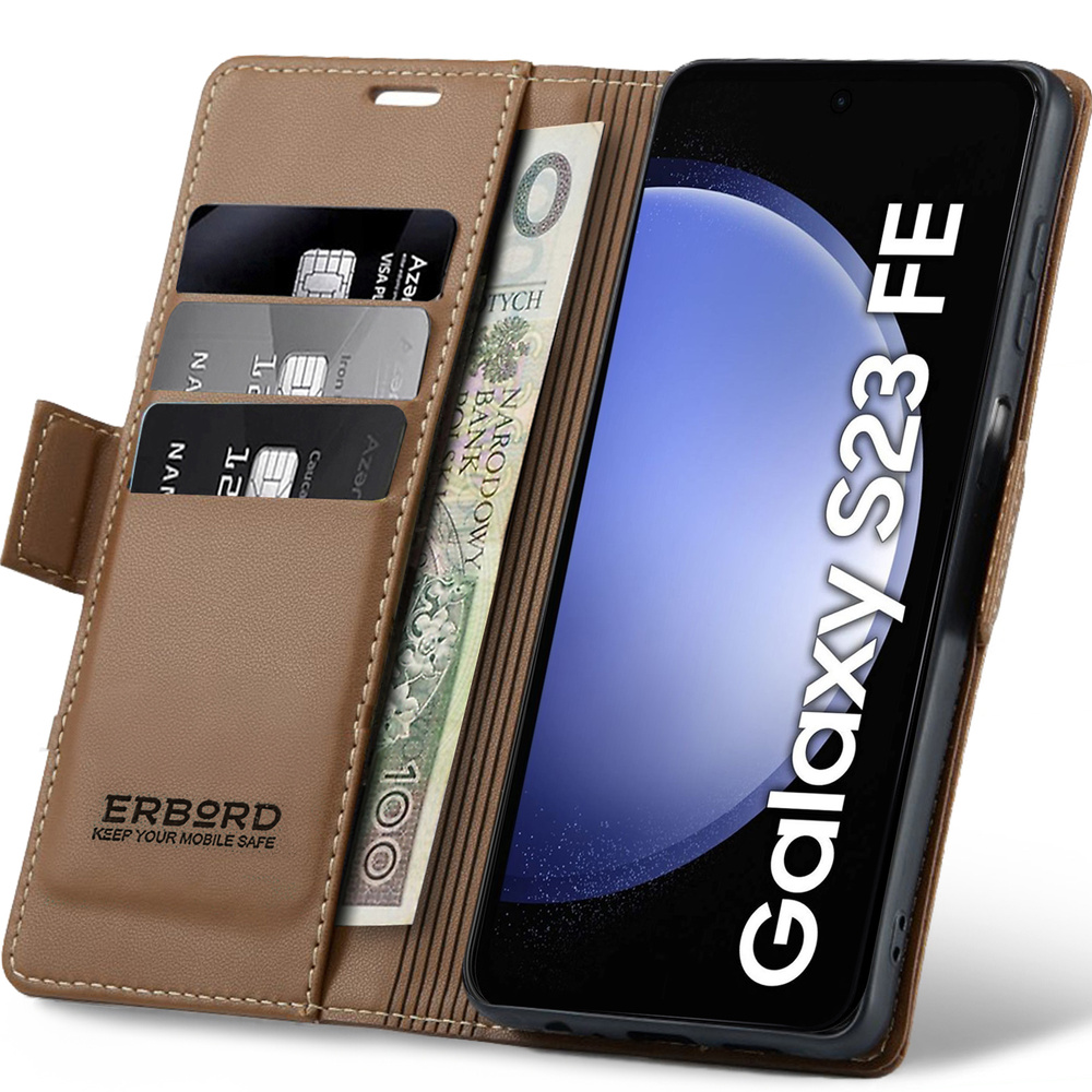 Samsung Galaxy S23 Fe Hülle, Glänzendes Litschi, Klapphülle Mit Brieftaschenfunktion, Braun