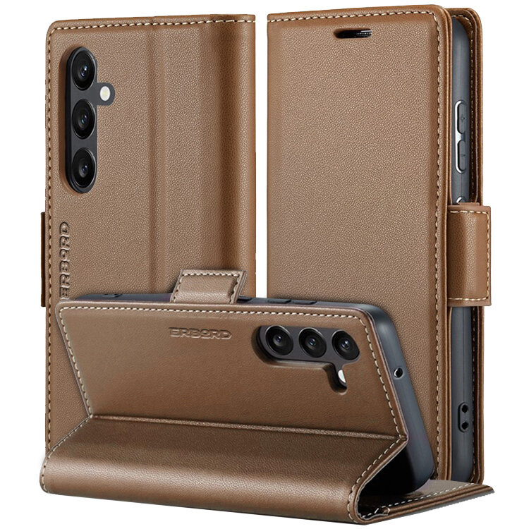 Samsung Galaxy A55 Hülle, Glänzende Litschi-klapphülle, Braun