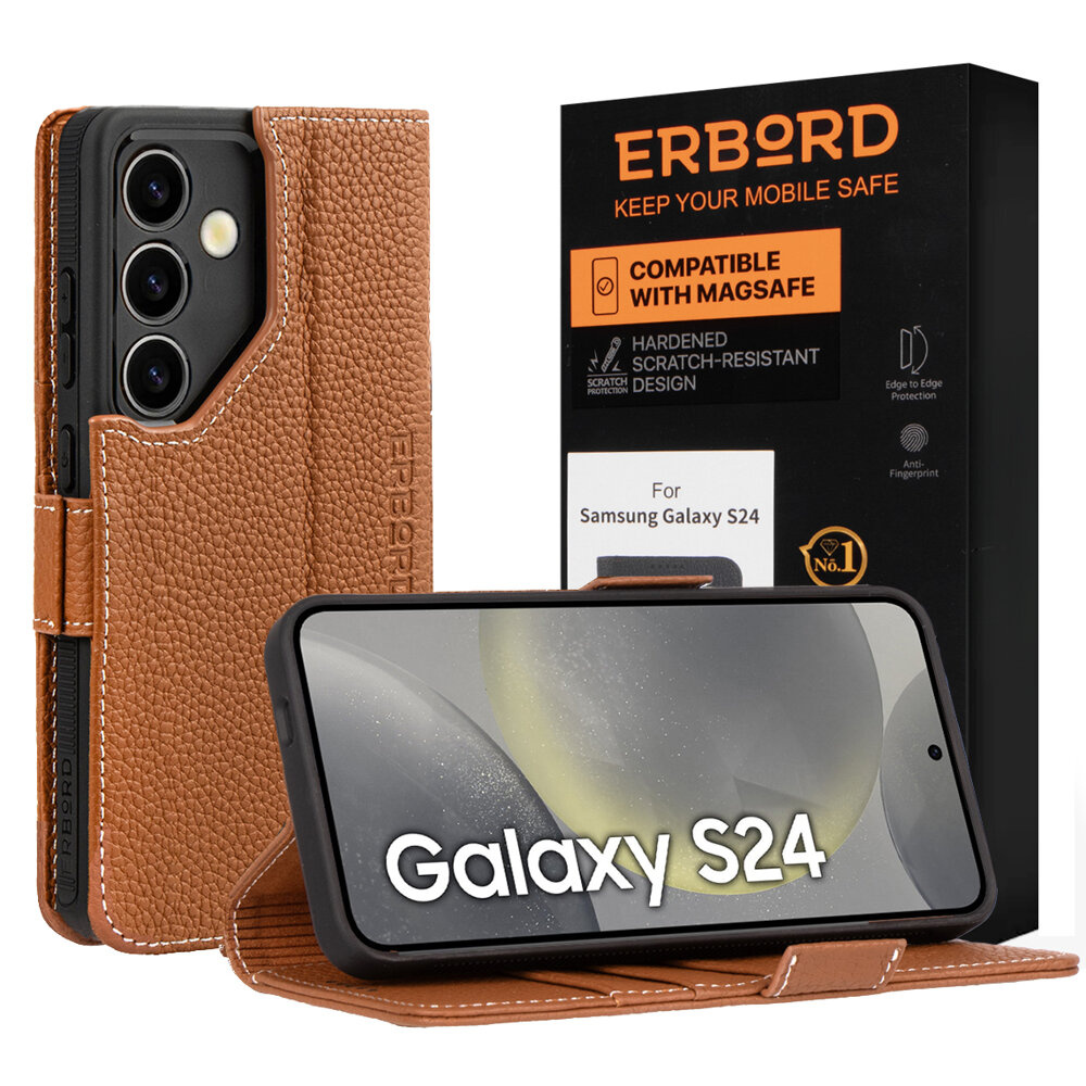 Lederhülle Für Samsung Galaxy S24, Erbord Leatherwallet, Braun