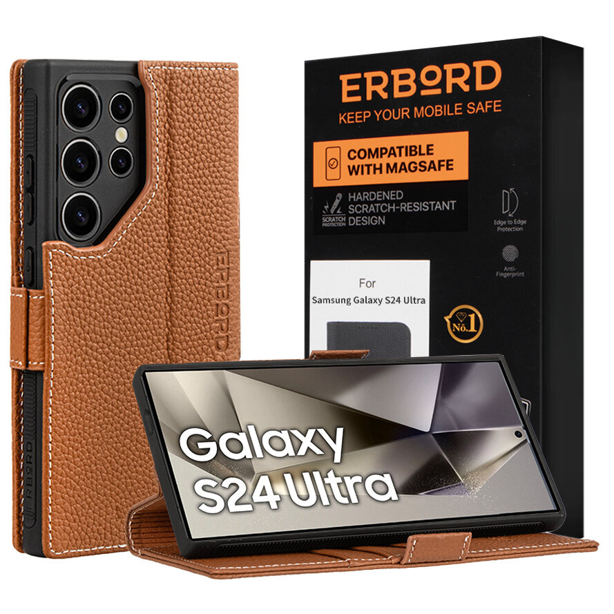 Lederhülle Für Samsung Galaxy S24 Ultra, Erbord Leatherwallet, Braun