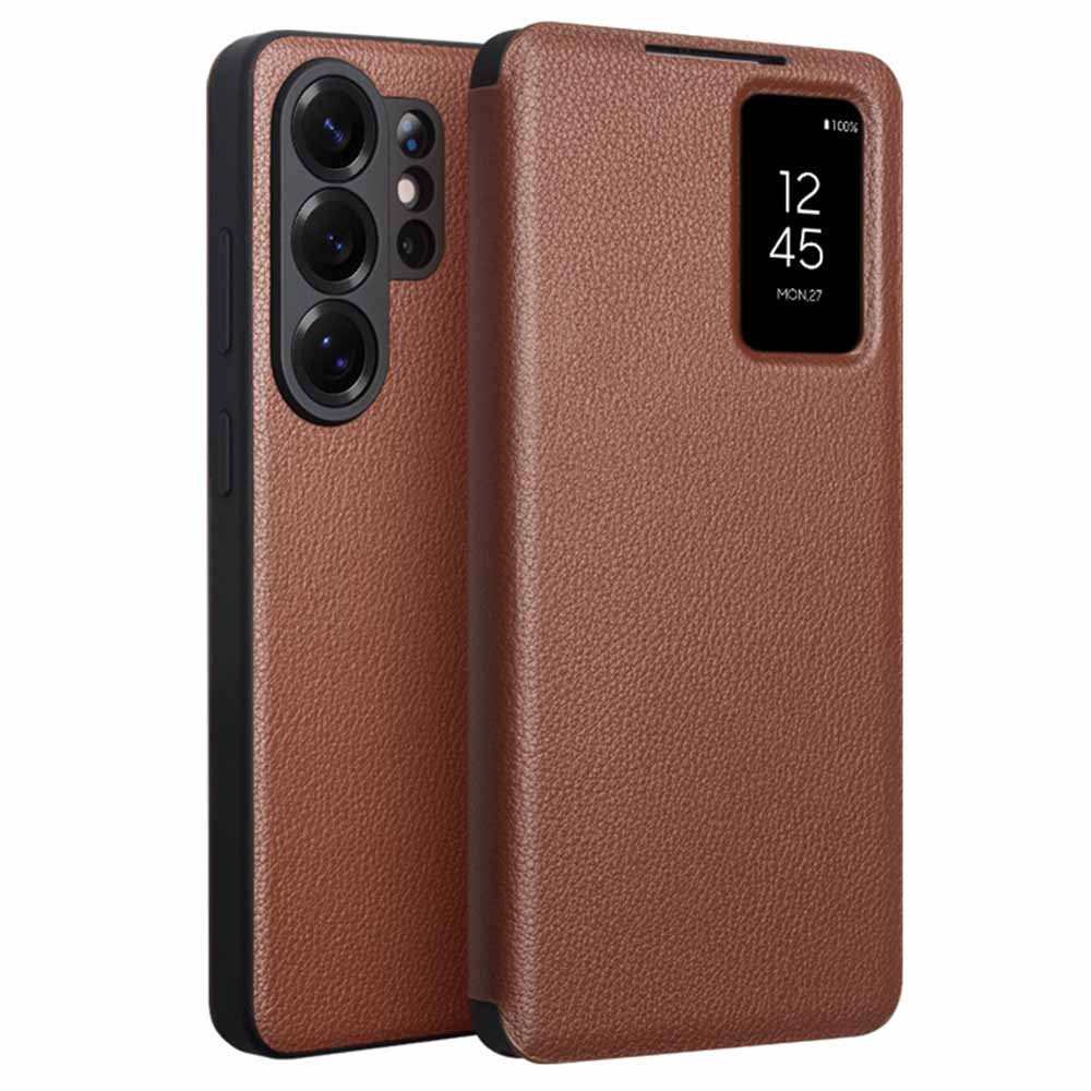 Qialino Lederhülle Für Samsung Galaxy S26 Ultra, Mit Sichtfenster, Braun