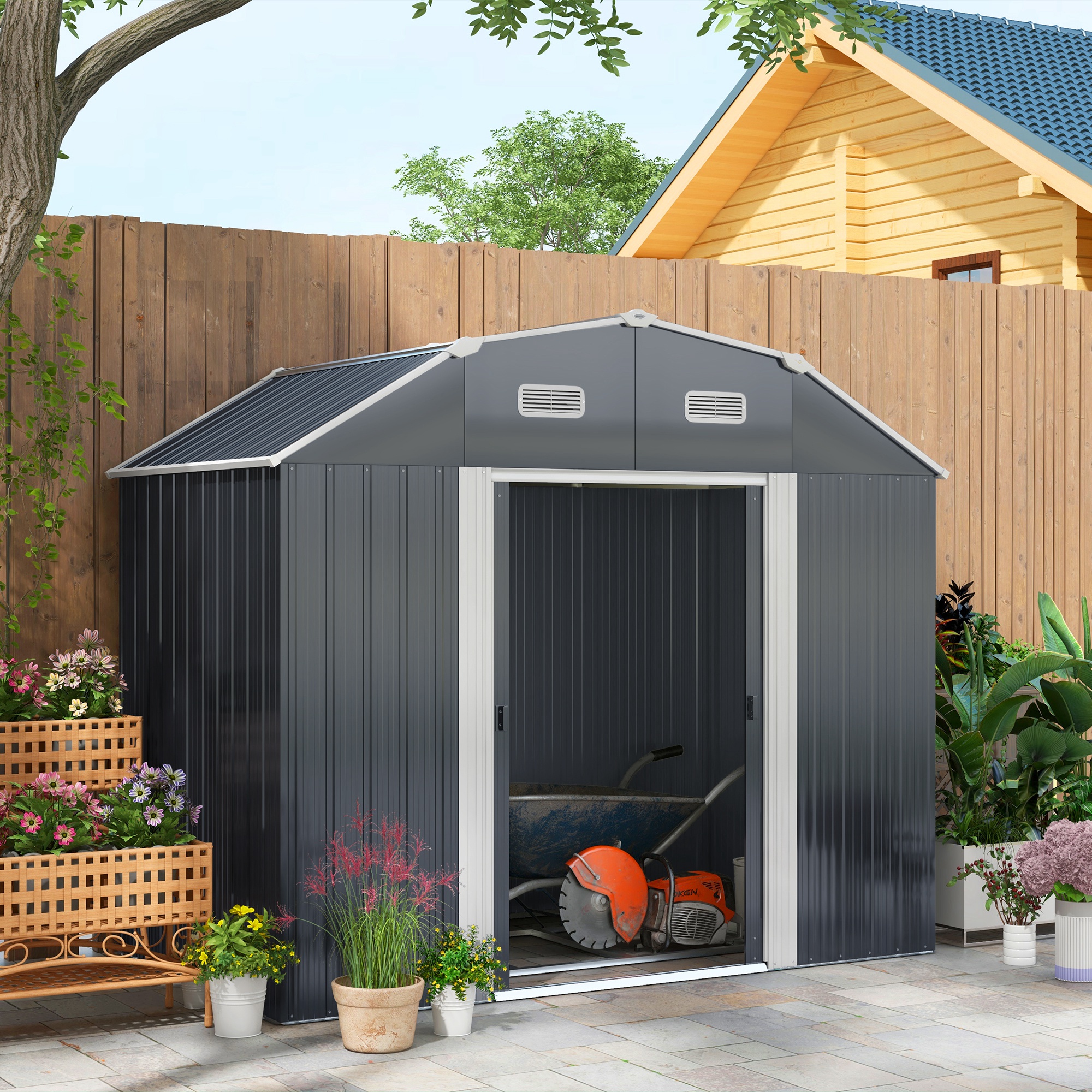 Gerätehaus Stahl 2,7m² Geräteschuppen Uv-schutz Gartenschrank 2 Schiebetüren Regal Fundament Dunkelgrau 238x132x198,5cm