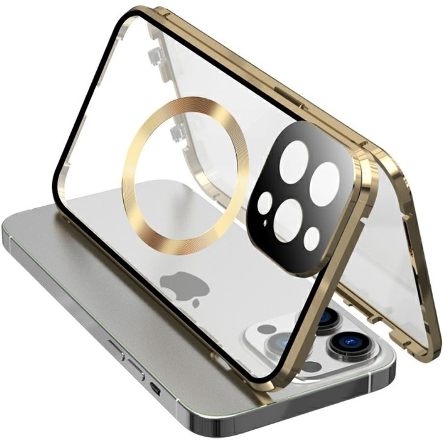 Magnetische Magsafe-hülle Mit Doppeltem Glas Für Iphone 15 Plus, Gold