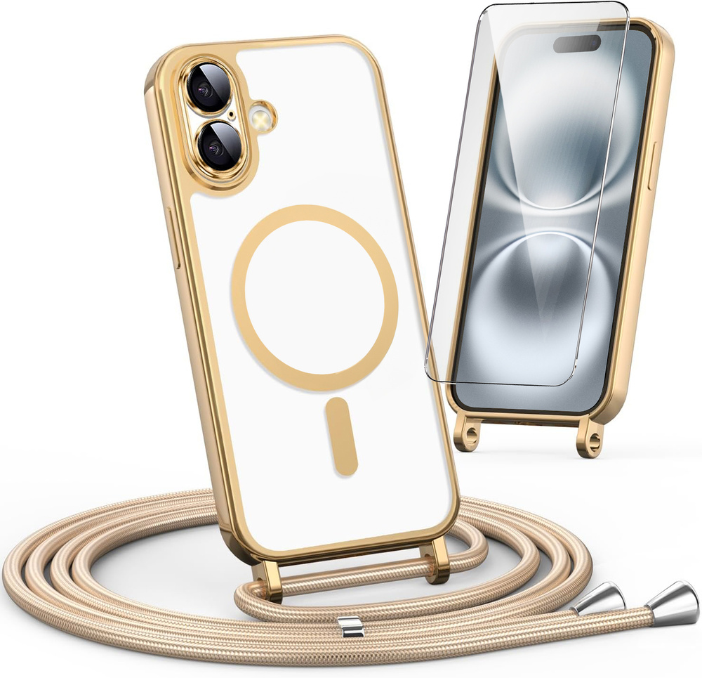 Iphone 16 Hülle, Electro Magsafe, Gold + Displayschutzfolie + Trageband