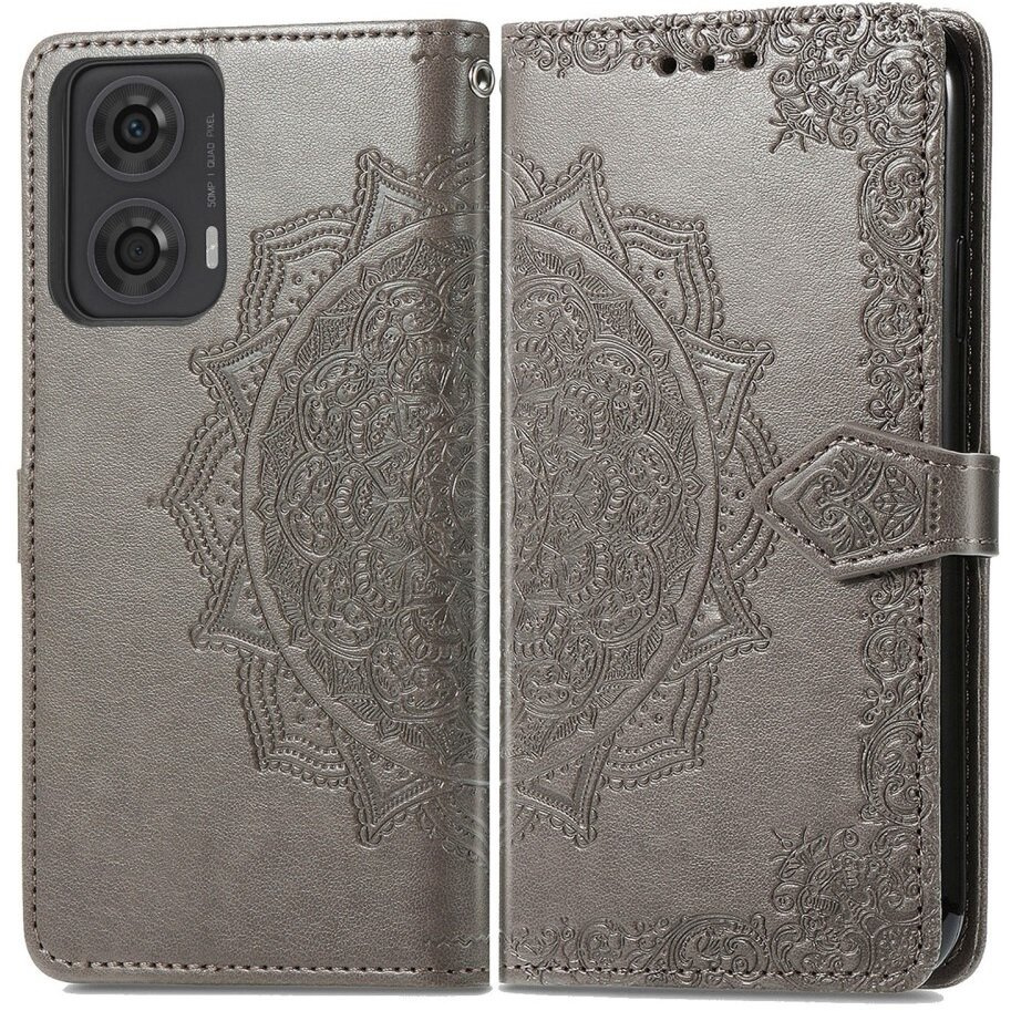Klapphülle Für Motorola Moto E14, Mandala, Grau