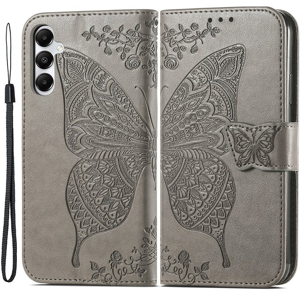 Klapphülle Für Samsung Galaxy A05s, Schmetterling, Grau